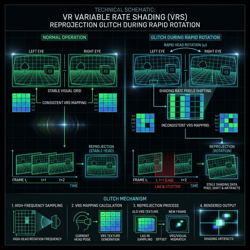 Explanatory diagram of drawing misalignment bug and setting adjustment when Multiview and Variable Rate Shading (VRS) are running simultaneously in a VR environment