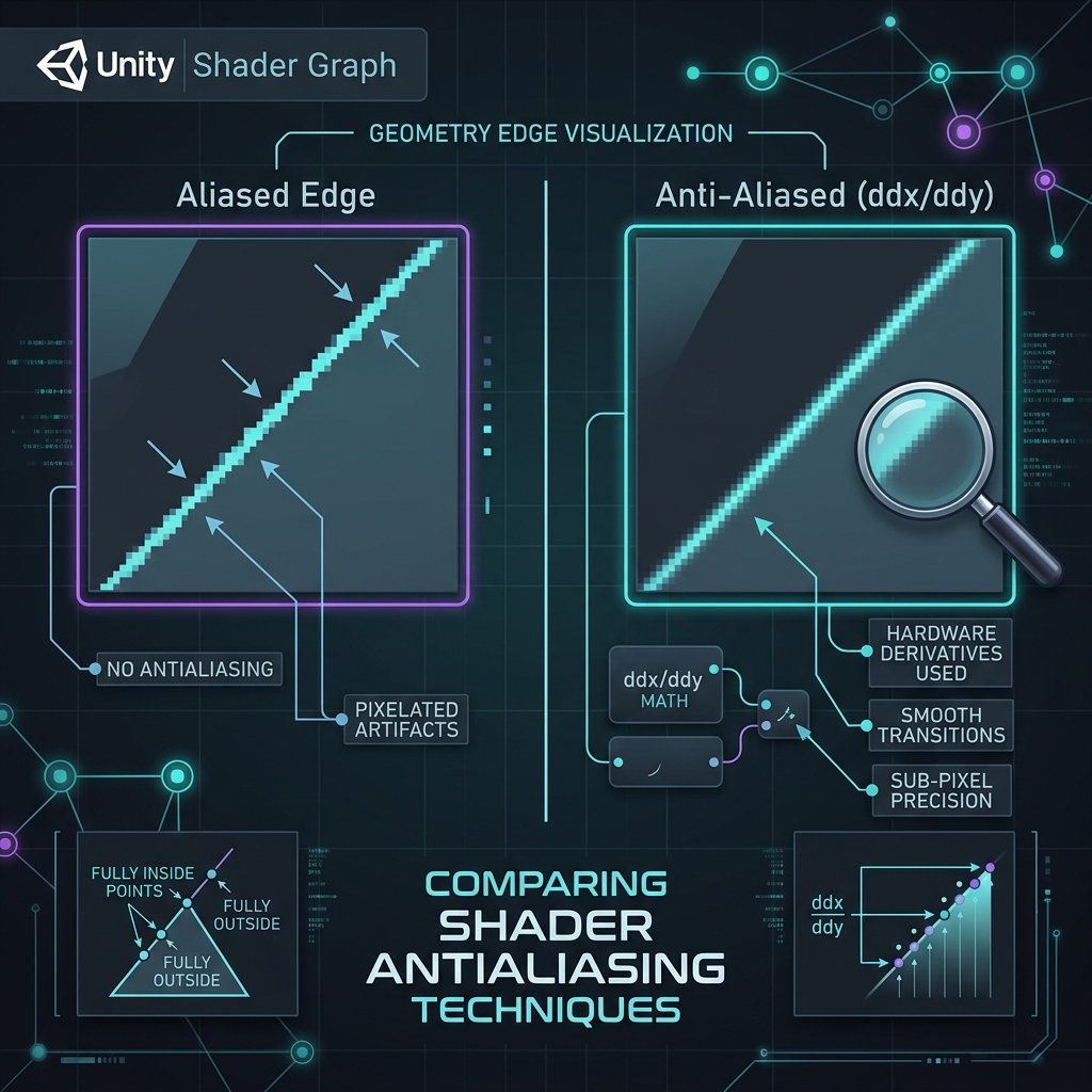 Fixing Blurry or Jagged Edges on Masks and Procedural Patterns in Shader Graph: Smart Anti-Aliasing using DDX/DDY Screen-Space Derivatives
