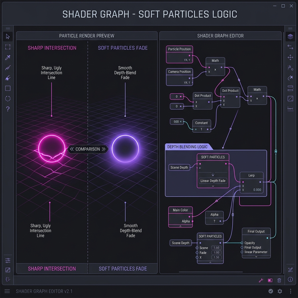 Correct node configuration of "Soft Particles" to smoothly erase the boundary with the ground using Shader Graph