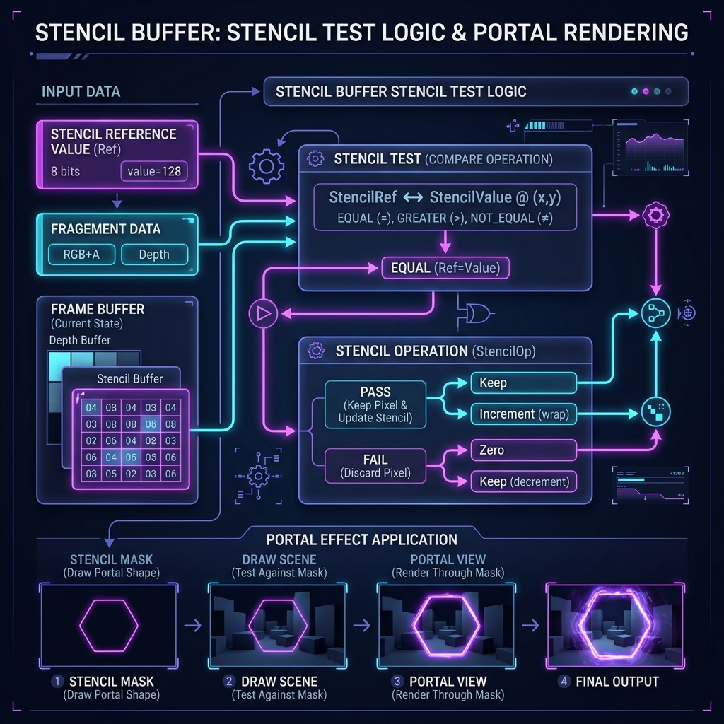 Explanatory diagram of the stencil buffer mask and portal drawing mechanism using URP's Render Objects