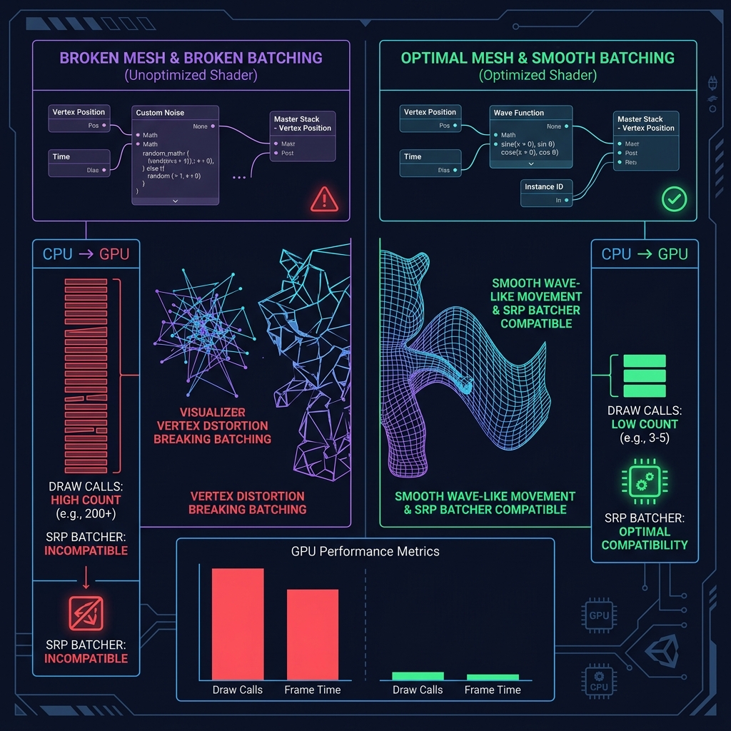 Why SRP Batcher stops working and draw calls explode when implementing vertex animation with Shader Graph and workarounds