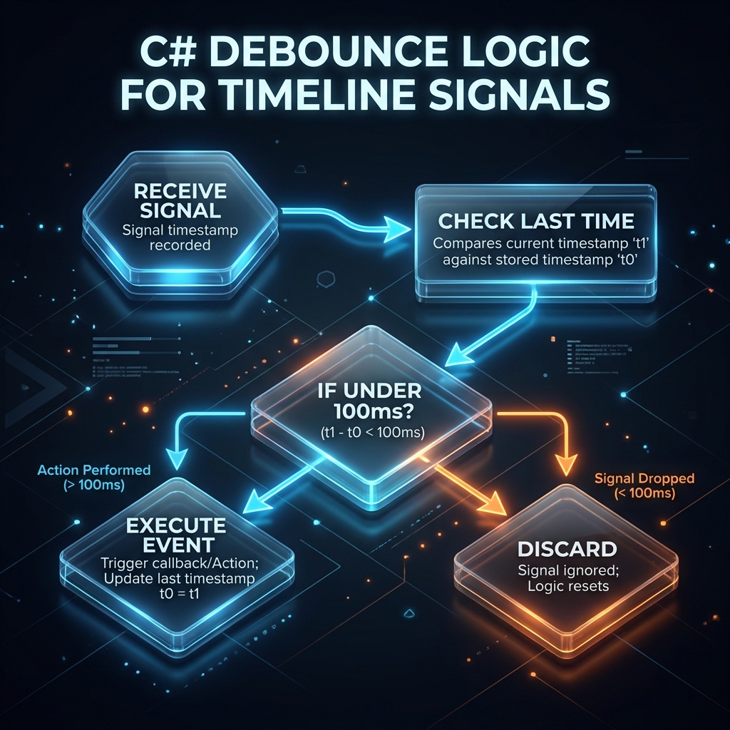 Signal double fire bug with Timeline processing drop interpolation and duplicate discard flow diagram in C# debouncing