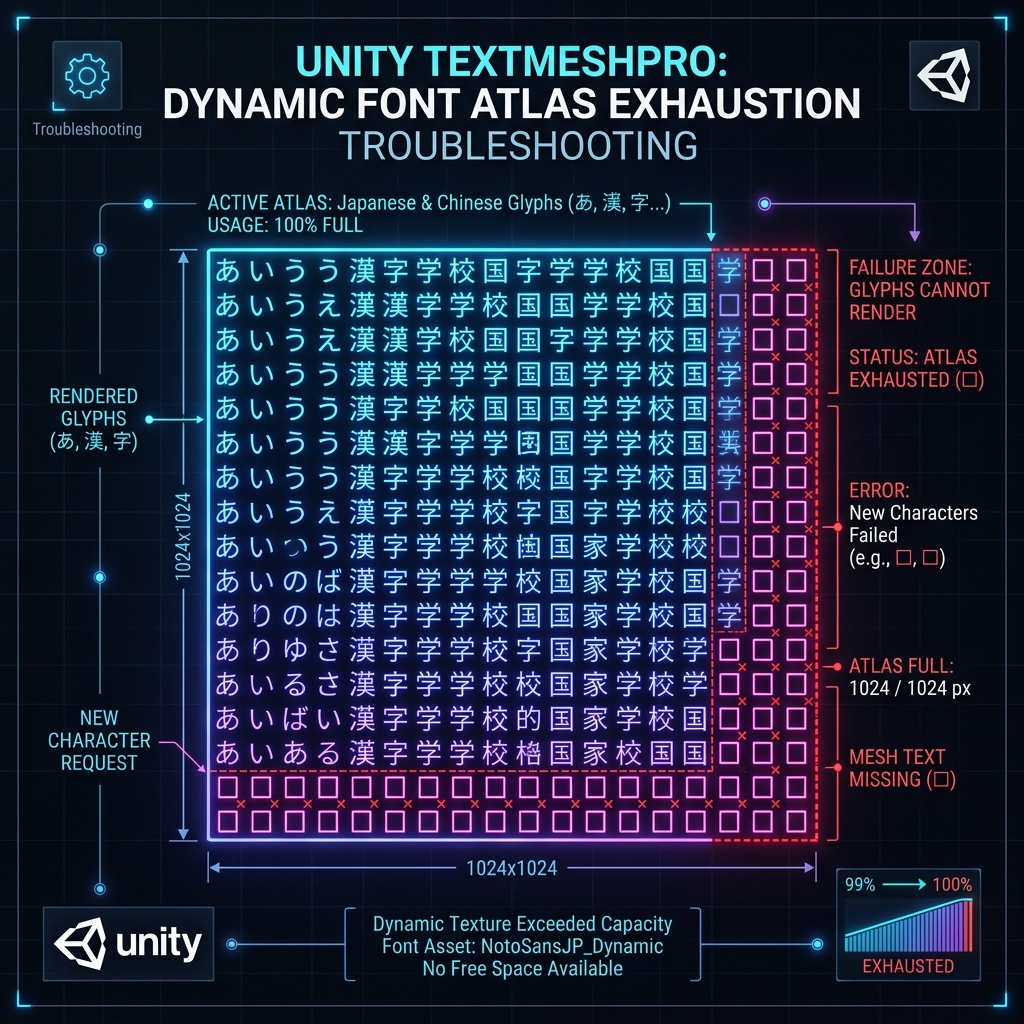 Bug where TextMeshPro dynamic font atlas exhaustion causes missing characters (tofu), and optimization methods
