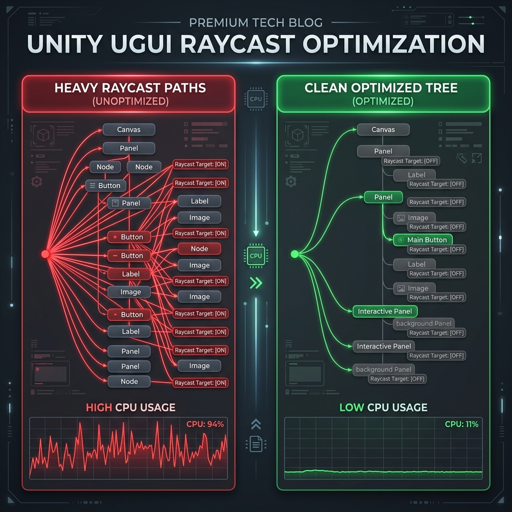 Resolving CPU Spikes from GraphicRaycaster.Raycast in Unity uGUI: Root Causes of Input Raycast Overhead and Steps for Optimization via Raycast Target Disabling and Canvas Splitting
