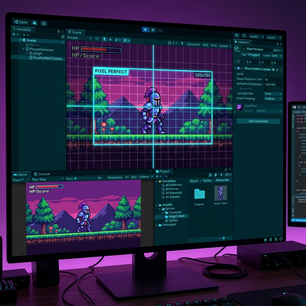 How to fix Sprite jittering and distorted pixel art during camera movement in Unity 2D, and steps to configure the Pixel Perfect Camera