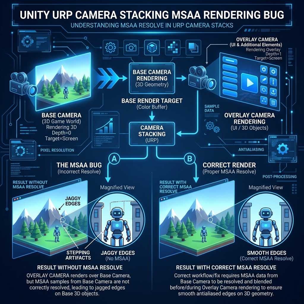 Disable sub camera anti-aliasing (MSAA) and countermeasures against drawing bugs when URP camera stacking