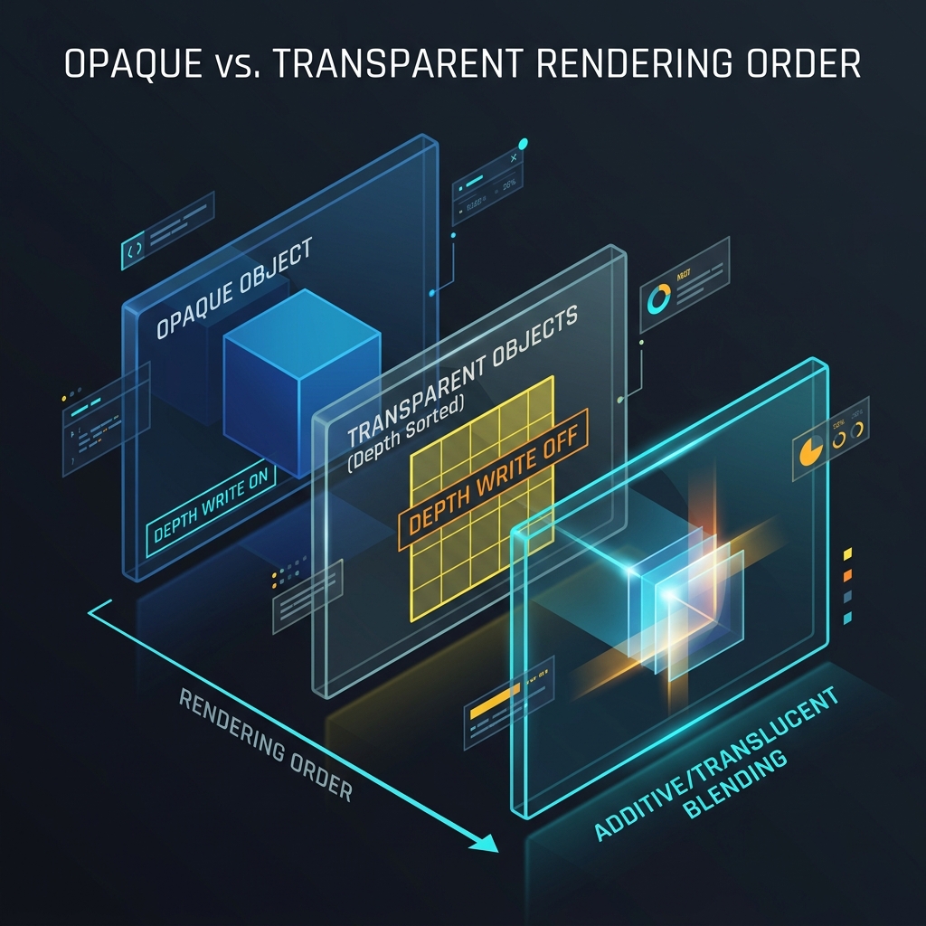Conceptual diagram of Opaque and Transparent drawing order and depth buffer control in Unity URP translucent rendering