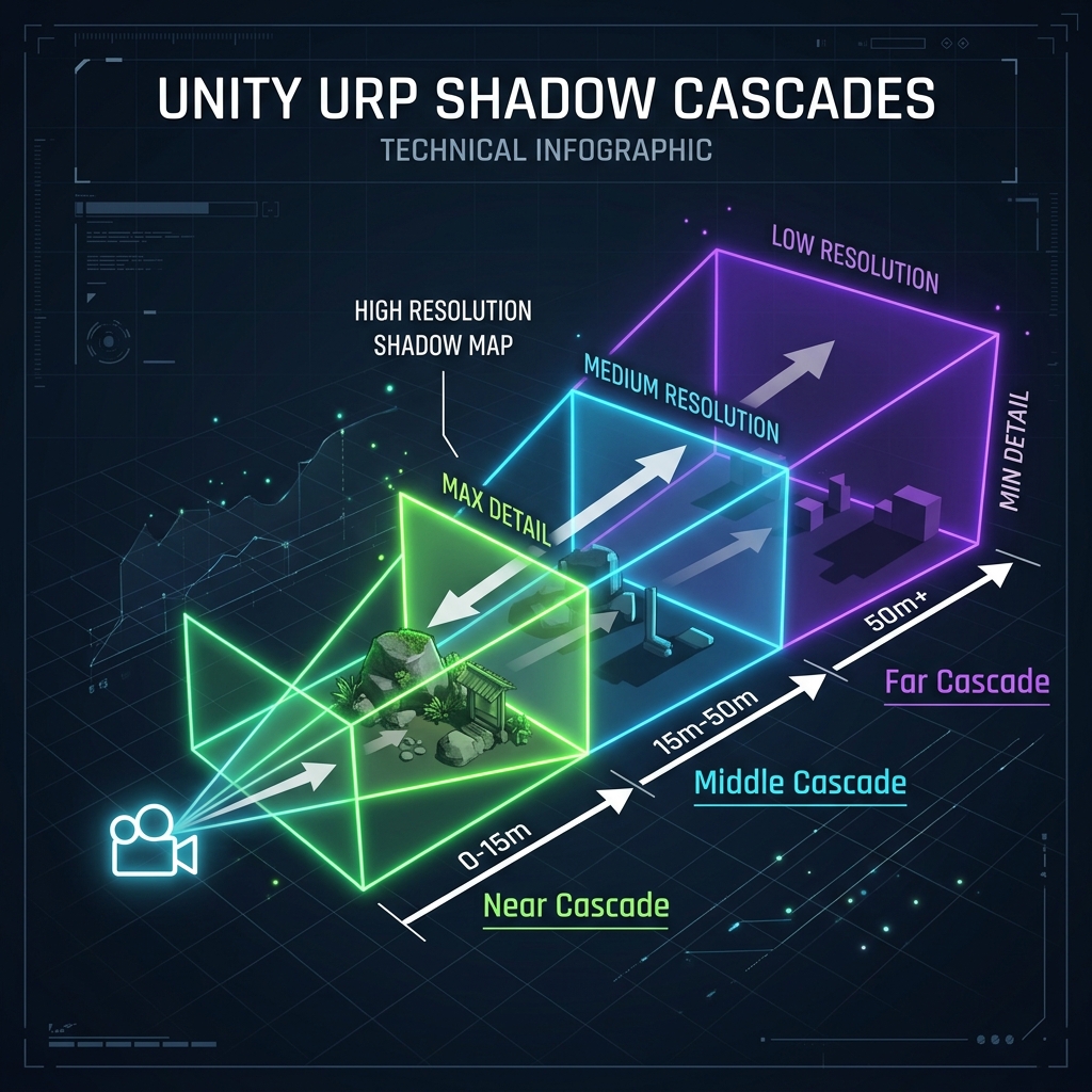 Conceptual diagram of Near/Middle/Far division and resolution mapping in cascading shadows in Unity URP