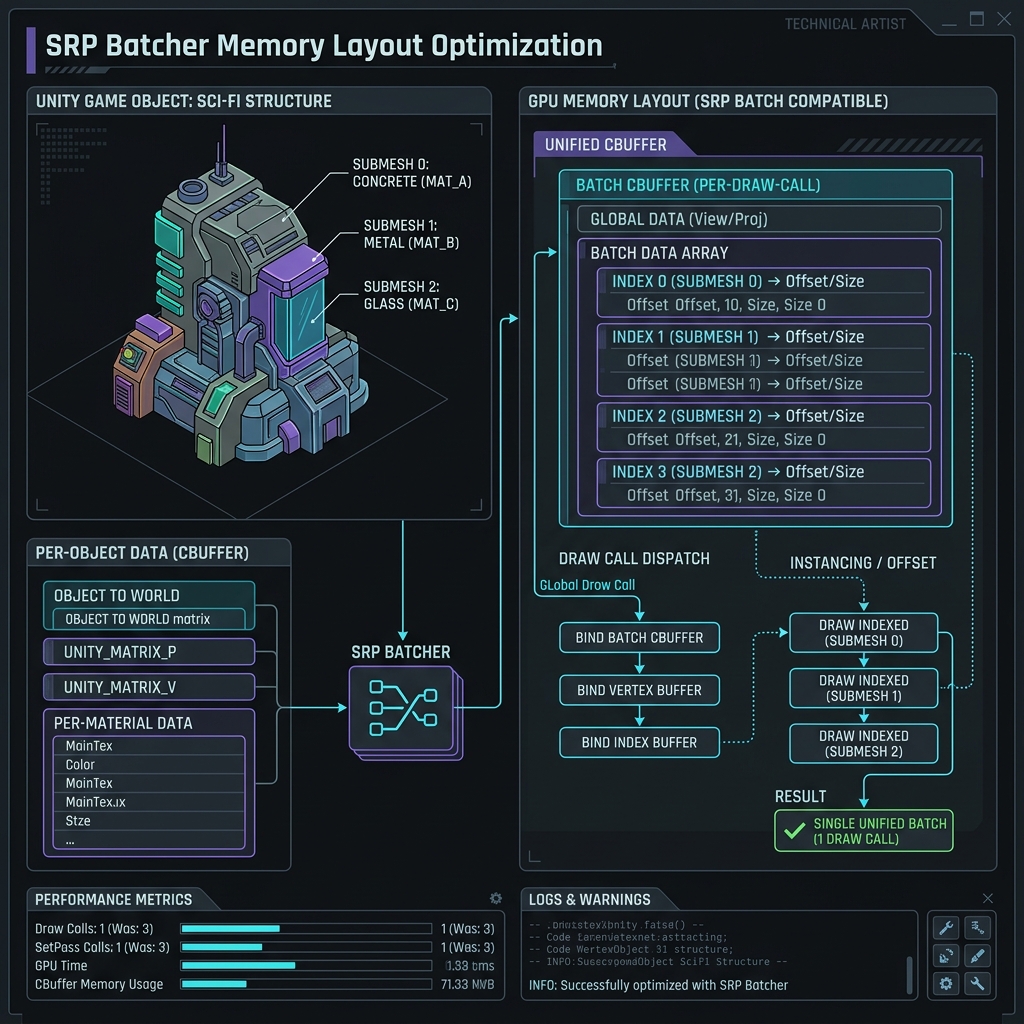 Causes and workarounds for batching failure due to SRP Batcher not working when multiple materials (Submesh) are applied to the same 3D mesh object