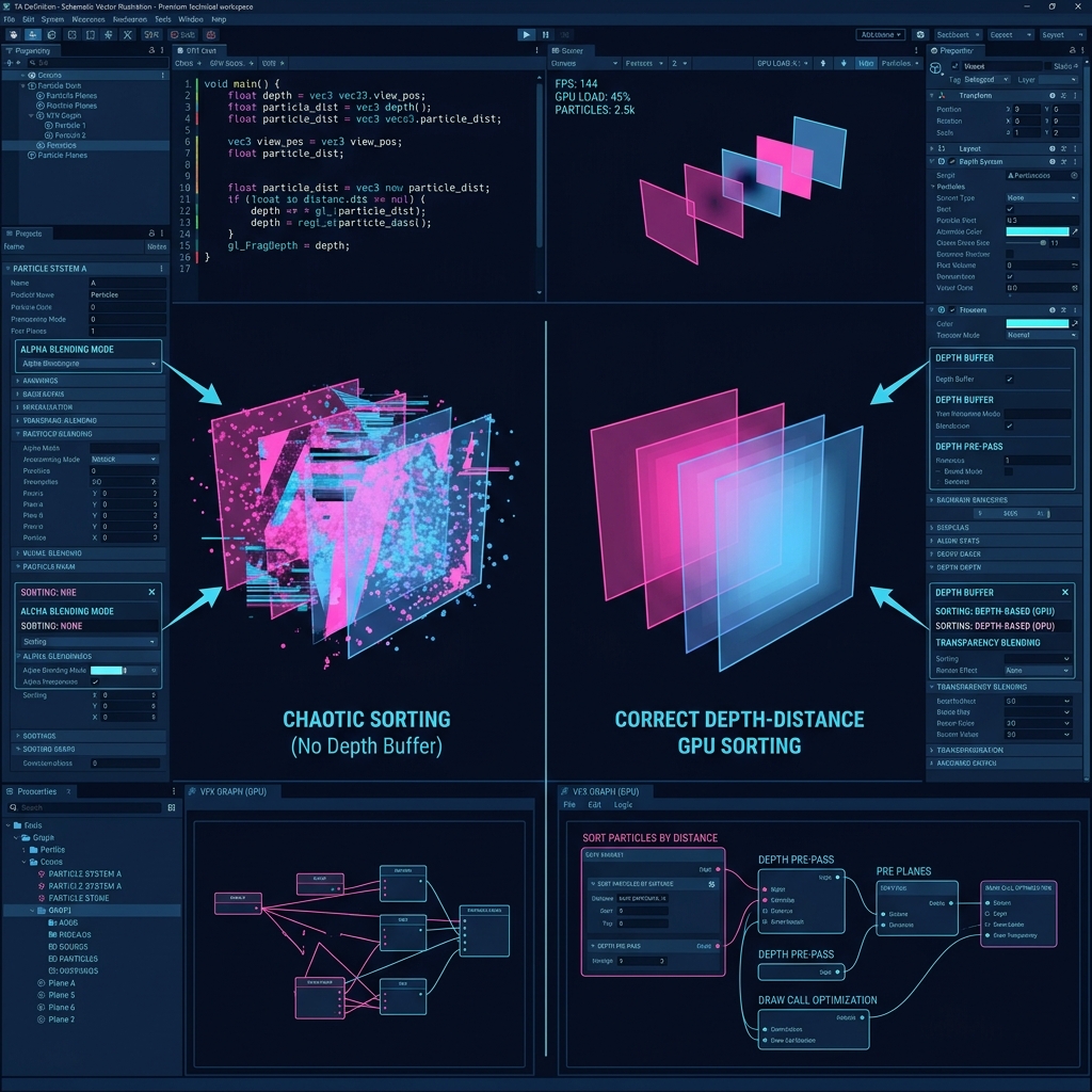 When releasing a large number of translucent particles in VFX Graph, the sorting may be incorrect depending on the camera's front and back, resulting in unnatural blending.