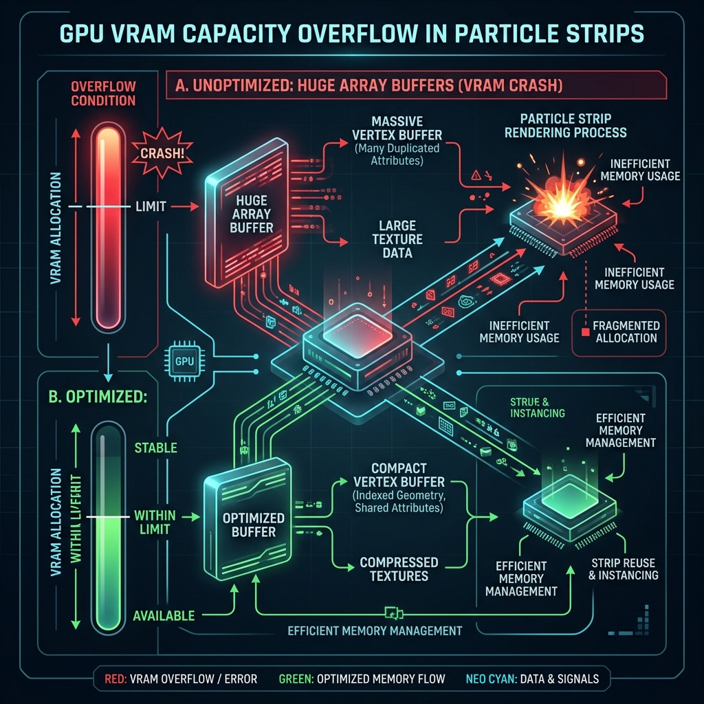 Explanatory diagram of mobile GPU capacity limit and Indirect Draw buffer optimization mechanism in VFX Graph